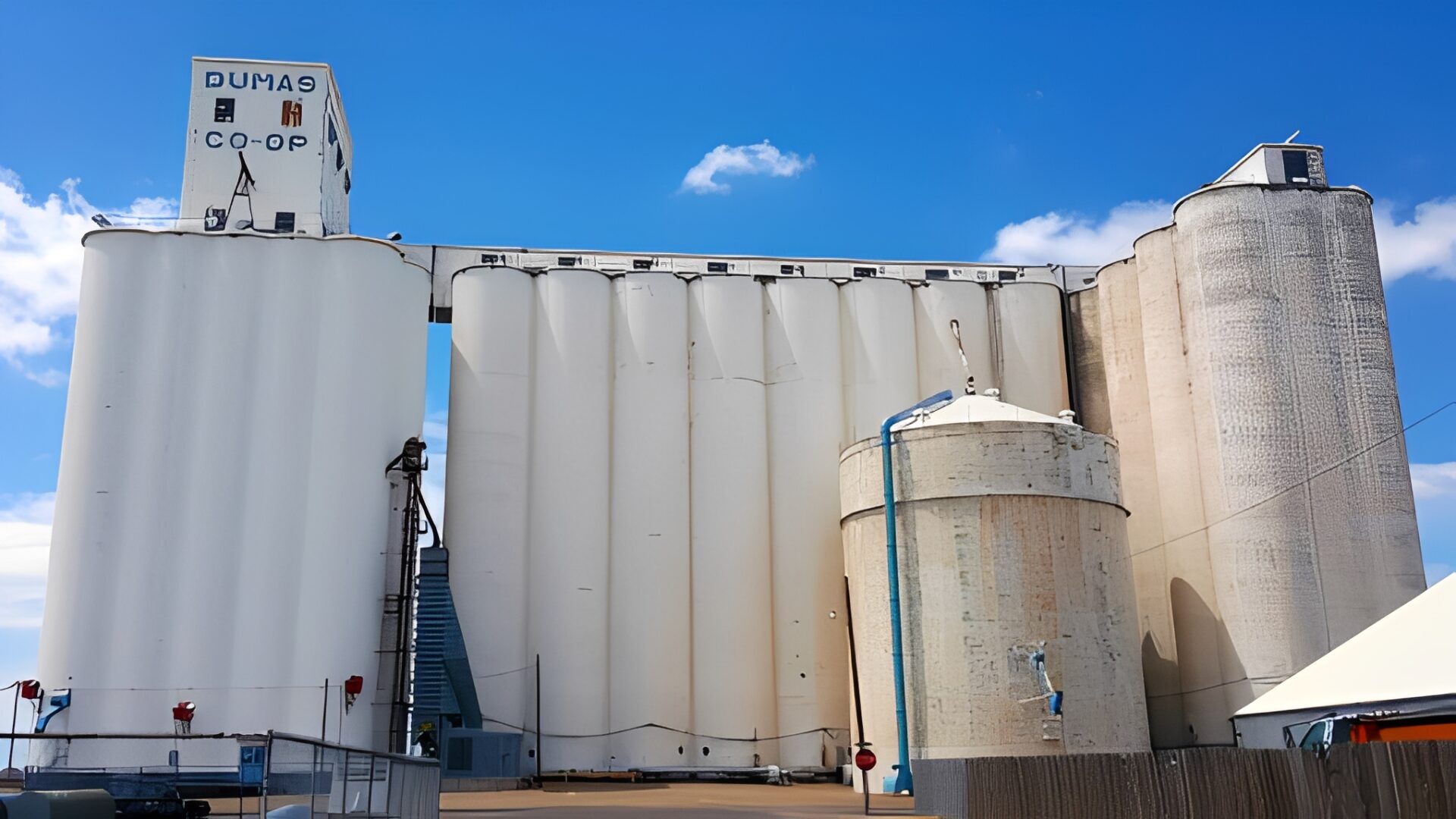 Large white grain silos under blue sky.